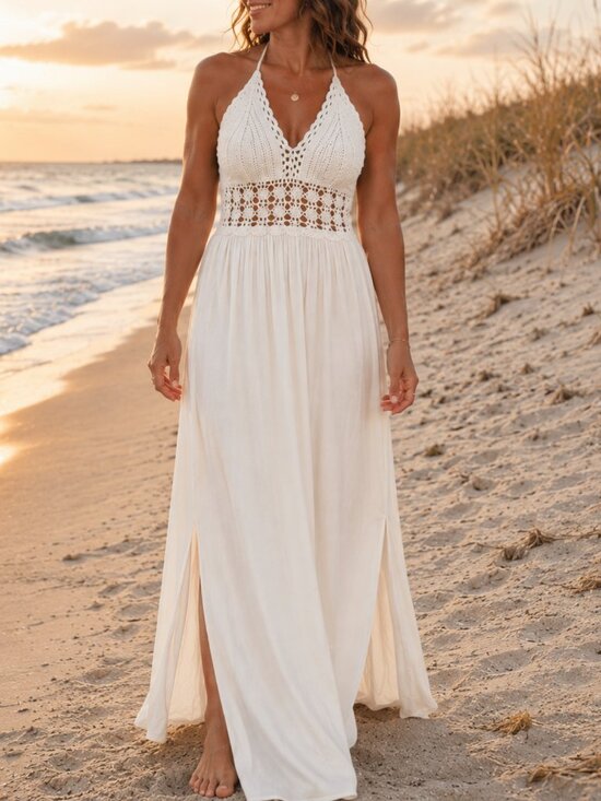 Lilbetter Dresses & Skirts - White Crochet Open Back Halter Maxi Dress L NWT Boho Resort Vacation Beach